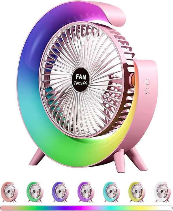 Portable USB Rechargeable Desktop Fan With RGB Colorful Lights + Small Movable Fan Portable USB Rechargeable Desktop Fan With RGB Colorful Lights + Small Movable Fan