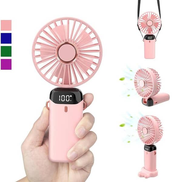 Personal Foldable Fan With LED Digital Display, Portable Hanging Neck Fan, 4000mAh USB-C Rechargeable 5-Speed Modes Powerful Desktop Fan with Base, Adjustable Lanyard and Bracket Hands-free Cooling