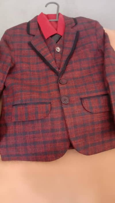 Stylish Kids 3-piece pwnt Coat Suit-Maroon And purple Check Design