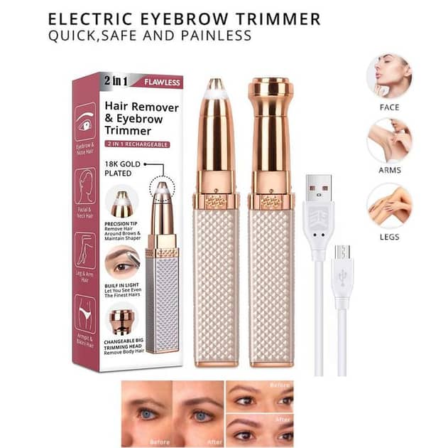Premium 2-in-1 Electric Hair Remover & Precision Eyebrow Trimmer with USB Charging, 18K Gold Plated, Multi-Purpose for Face/Arms/Legs - Compatible with AA/AAA Batteries. . .