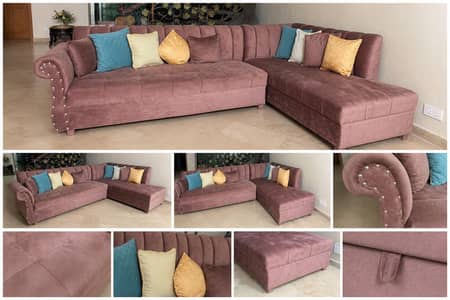 Elegant L-Shape Corner Sofa - Velvet Finish - Pink Mauve