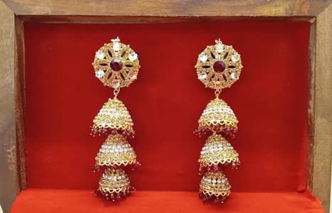 Artificial Maroon Kundan Triple Jhumka Earrings