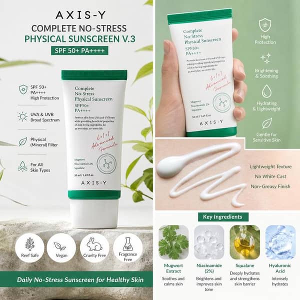 AXIS-Y Complete No-Stress Physical Sunscreen V3 SPF 50+ PA+++ Mineral Sunscreen (50ml)