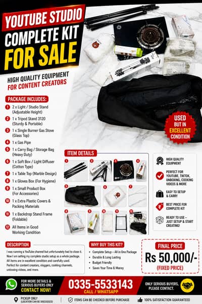 YouTube Cooking Studio Setup For Sale | Lights, Tripods, Stove, Table