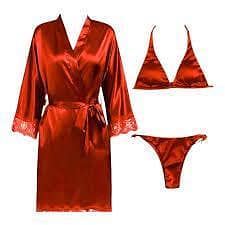 3 Pcs - Maroon Bridal Silk Gown Set with Bikini - Night Suit and Sleepwear for Women