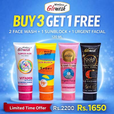 3 Glomesh Face Washes and get 1 Sunblock FREE