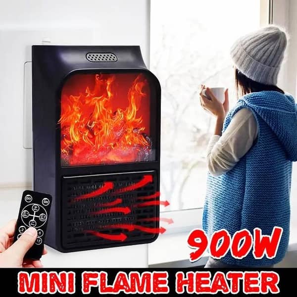 Portable Electric Flame Heater with Remote Control, 500W Compact Space Heater for Home and Office, Adjustable Temperature, 2 Pin Plug