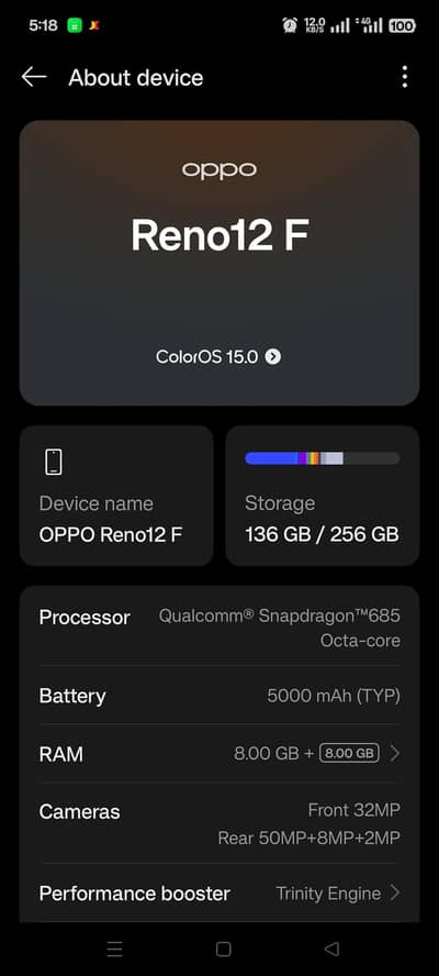 oppo reno 12 f 10/10 condition. 8+8/256 GB   All ok hai