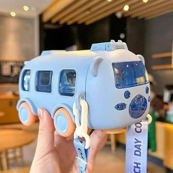 Imported 500ml Bus Water Bottle for Kids with Strap Sipper and Straw Leakproof BPA Free with Lock Water Bottle for School Kids Cute Bus Shaped Water Bottle for Girls and Boys