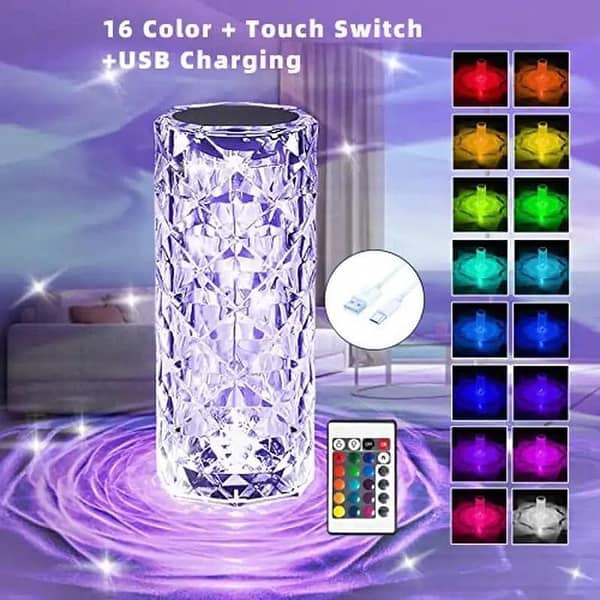 Crystal Table Lamp Rose Diamond Touch Lamp with USB 3/16 Color Crystal LED Light