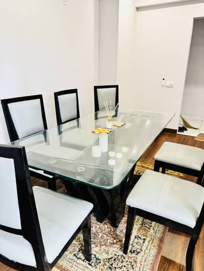 Solid wood, glass top dining table with 6 chairs, mats and covers