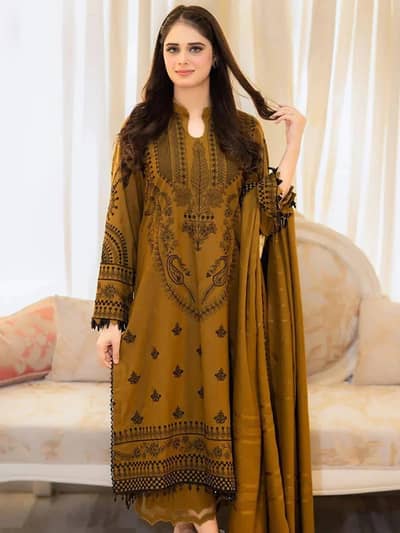 Embroidered lawn  shirt with printed touser and diamond duppta