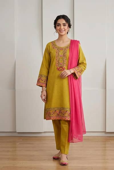 multicoloure embroidery cotton 3 piece suit
