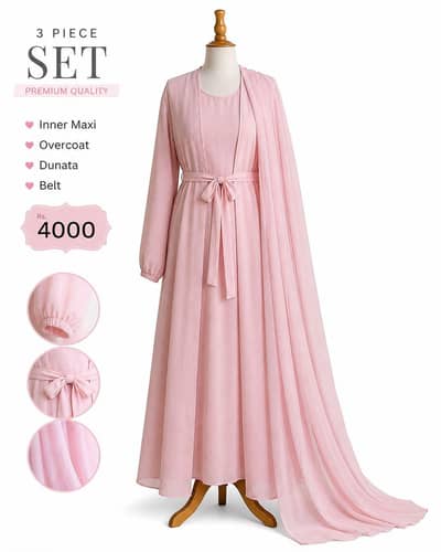 Elegant Pink 3 Piece Abaya Set with Belt & Dupatta – Brand New