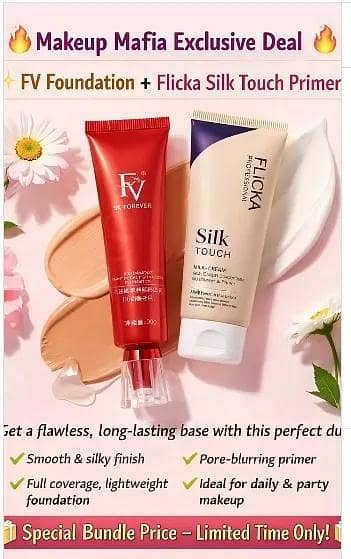 Flicka Silk Touch Primer + FV Foundation Flicka Silk Touch Primer | Flawless Makeup Base Combo | Lightweight Full Coverage Foundation & Hydrating Pore‑Blurring Primer | Long‑Lasting Smooth Finish | Suitable for All Skin Types | Cruelty‑Free Beauty Set