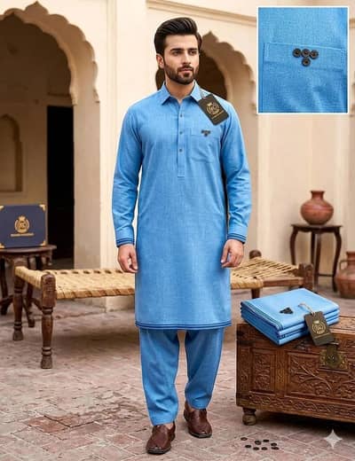 Man khaddar plain blue suit summer