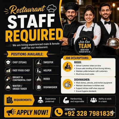 Chef (Steak) / Fast Food Chef / Waiter / Order Taker /Restaurant Jobs