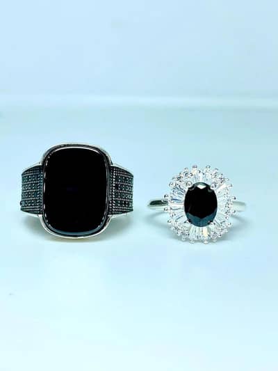 Midnight Noir Couple’s Ring Set – Black Onyx & Sunburst Halo
