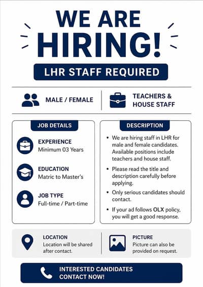 we are hiring male and female staff full time and part time jobs