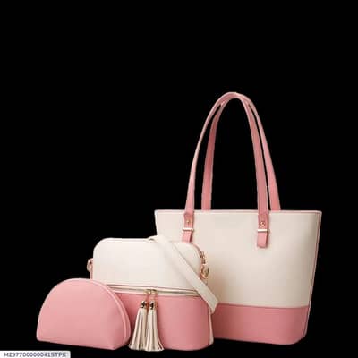Pink white 3 piece leather bag set for women