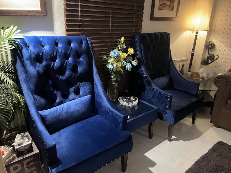 2 sofa chairs with table set Navy Blue Good Condition 0