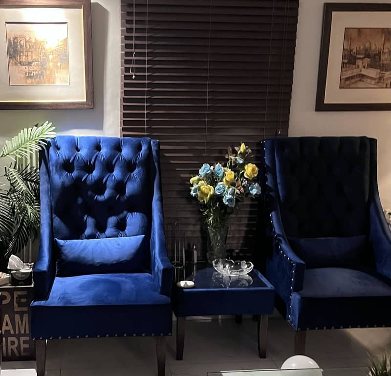 2 sofa chairs with table set Navy Blue Good Condition 1
