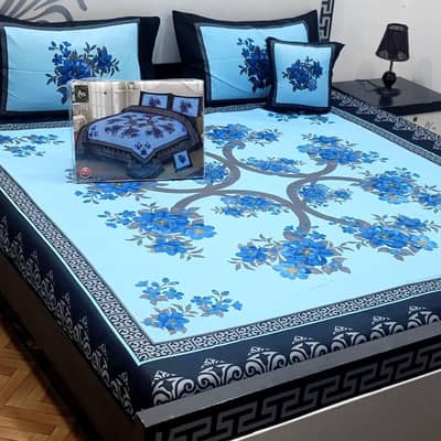 Blue floral crystal cotton Bedsheet set for double bed
