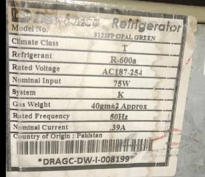 Dawlance refrigerator model 9122FP OPAL GREEN