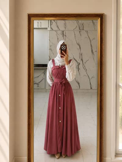 Elegant Dusty Rose Maxi Dress with White Inner Shirt