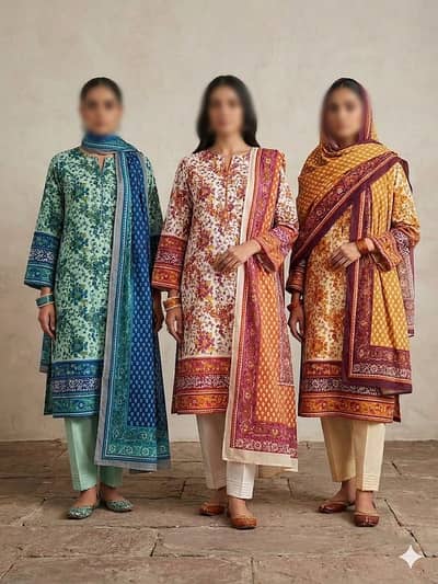 3pc hand block printed suits stitched & unstitched. Lawn