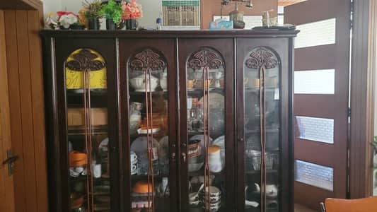 Premium 4-Door Dark Walnut Crockery Unit with Glass Doors
