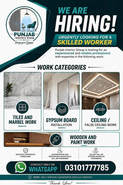 we required Gypsum work ,Ceiling work and  Marble Tiles expert