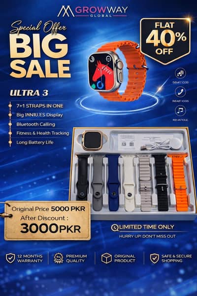 Brand New Ultra 3 Smart Watch  — 7+1 Straps  12 Months Warranty