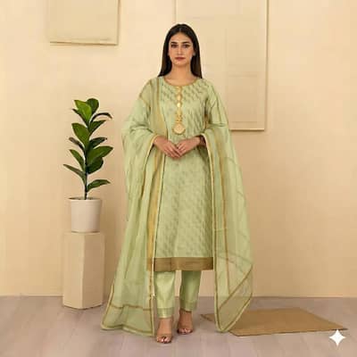 Green Organza 3pc suit free delivery