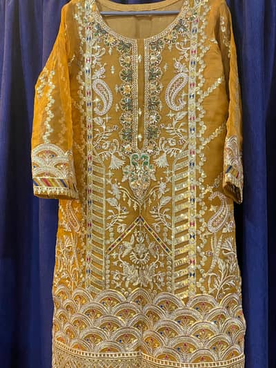 Afrozeh Designer Mustard Embroidered Dress – Luxury Festive Wear 
