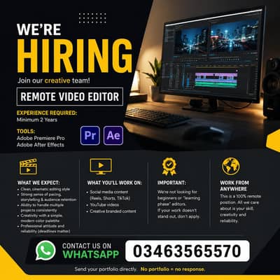Hiring Elite Remote Video Editor (Premiere Pro + After Effects)
