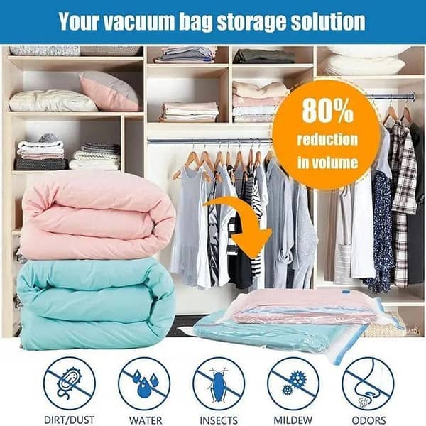 Vacuum Compression Space Saving Storage Bags for Travel, Multiple Sizes for Clothes and Blankets, (5 Bag & Hand Pump)