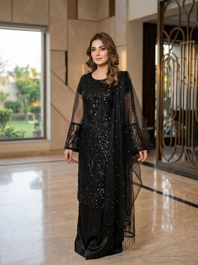 Elegant Hand-Embellished Black Net & Silk Party Dress