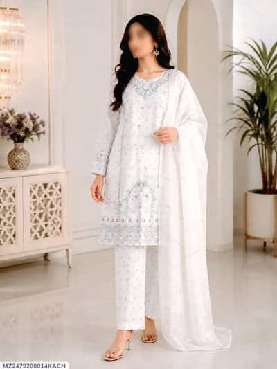 white embroidered 3 piece cotton suit for womens 