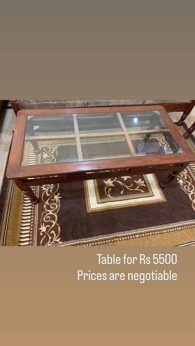 WOODEN TABLE WITH GLASS.