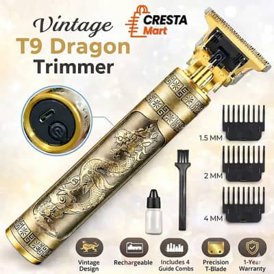 Vintage T9 Dragon Rechargeable Hair & Beard Trimmer with 4 Combs T-Bla