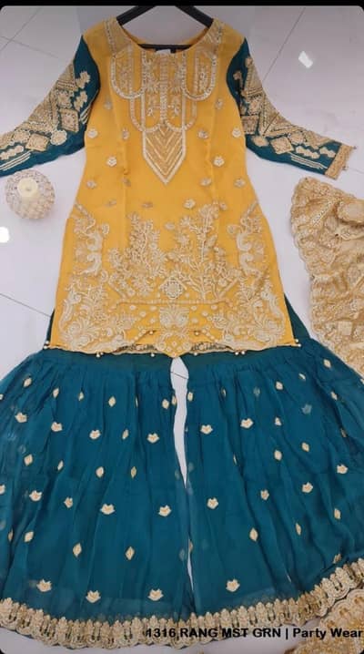 Mustard Golden & Green Embroidered Sharara Dress – Party Wear