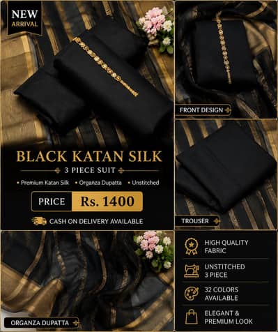 Black Katan Silk 3 Piece Suit | 32 Colors Available