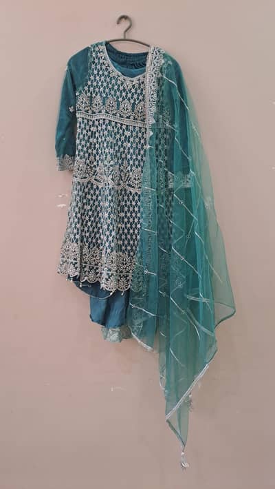 Sea Green Party Wear Frock with Heavy Silver Embroidery – Small Size
