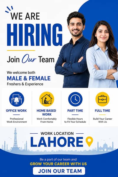 URGENT HIRING MALE AND FEMALE OFFICE WORK LOCATION AT LAHORE