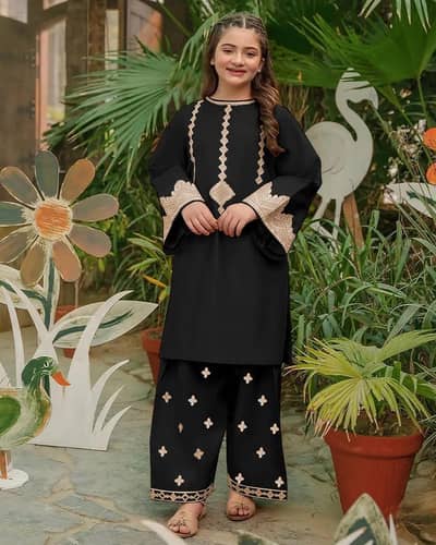 Girls Cotton Embroidered Kurta Trouser Set Black 5-12Yrs