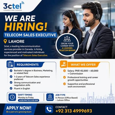Telecom Sales Executive – Lahore || Male & Female Jobs (USA)