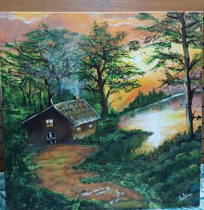 Handmade Nature Landscape Painting | Sunset Cottage Wall Art