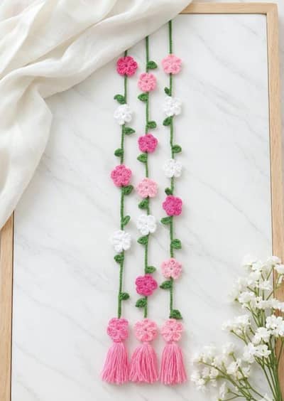 Handmade Crochet Paranda | Pink White & Green Flowers