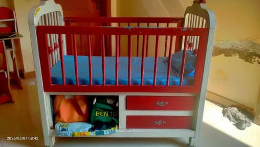 Wooden Baby Cot with Mattress, Drawers & Wheels – Sheesham Wood